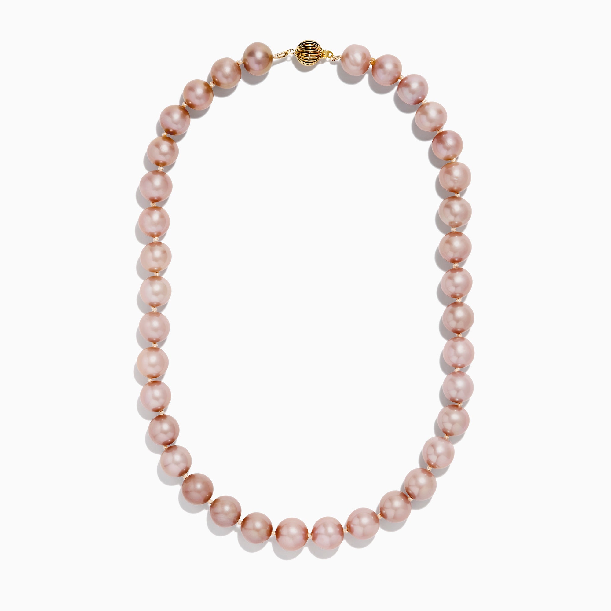 A close-up of the 14K Yellow Gold Freshwater Lilac Pearl Necklace highlights its round, glossy lilac pearls elegantly strung together in a gentle curve against a white background.