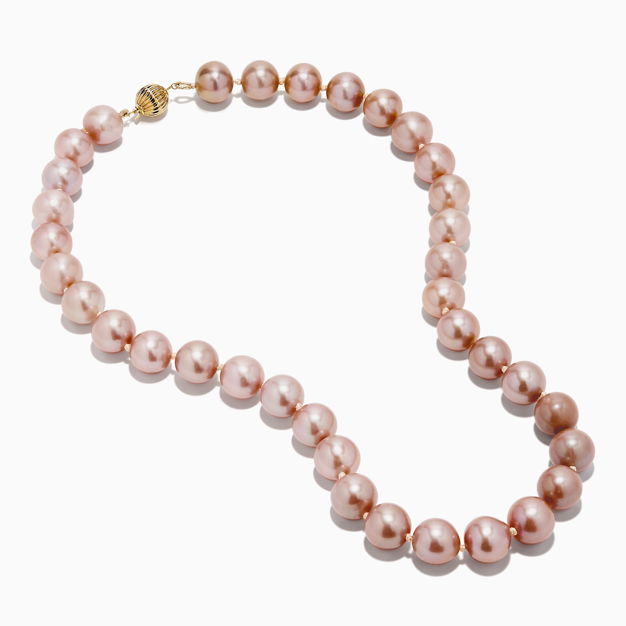 A close-up of the 14K Yellow Gold Freshwater Lilac Pearl Necklace highlights its round, glossy lilac pearls elegantly strung together in a gentle curve against a white background.