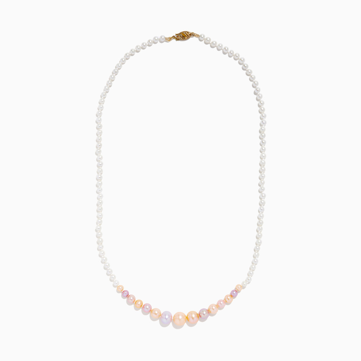 The 14K Yellow Gold Multi Color Freshwater Pearl Necklace features small white pearls graduating to larger pastel pink, peach, and lavender pearls at the center, all elegantly strung on 14K yellow gold.