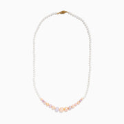 The 14K Yellow Gold Multi Color Freshwater Pearl Necklace features small white pearls graduating to larger pastel pink, peach, and lavender pearls at the center, all elegantly strung on 14K yellow gold.