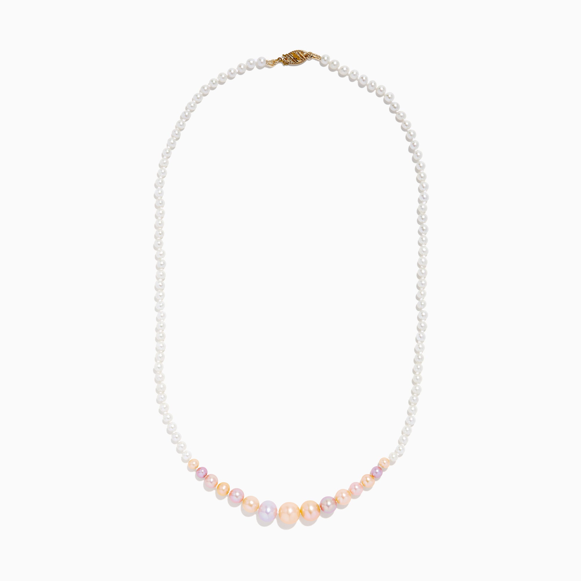 The 14K Yellow Gold Multi Color Freshwater Pearl Necklace features small white pearls graduating to larger pastel pink, peach, and lavender pearls at the center, all elegantly strung on 14K yellow gold.
