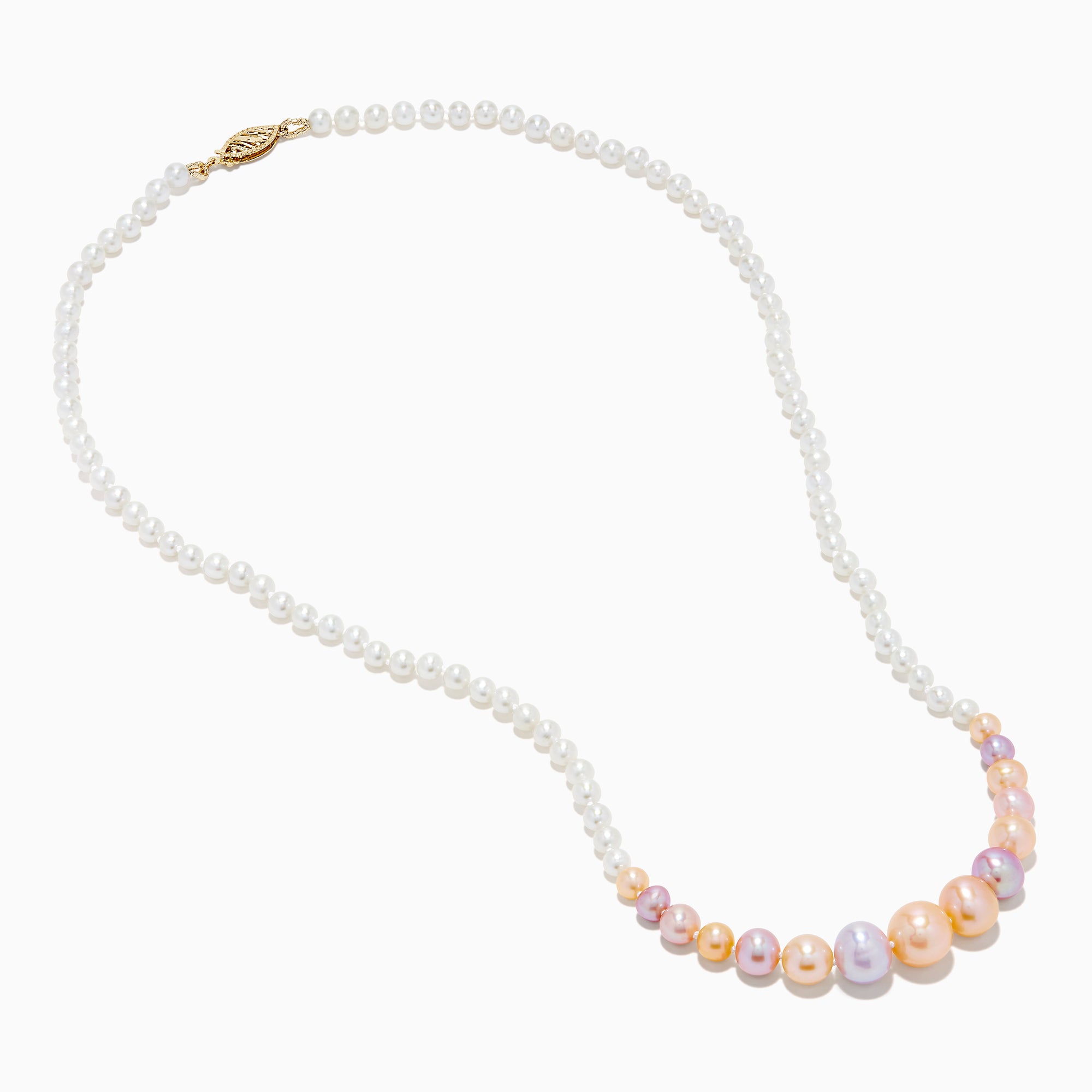 The 14K Yellow Gold Multi Color Freshwater Pearl Necklace features small white pearls graduating to larger pastel pink, peach, and lavender pearls at the center, all elegantly strung on 14K yellow gold.