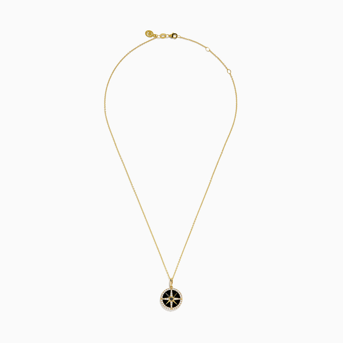 The Novelty 14K Yellow Gold Black Onyx, White and Black Diamond Compass Pendant features a gold chain and round compass design with sparkling stones, shown against a plain white background.