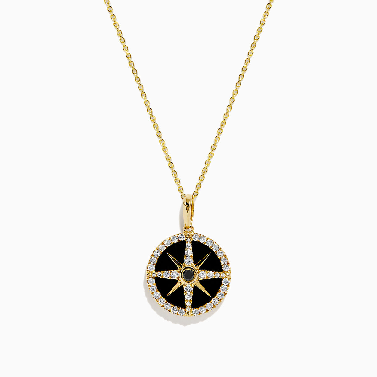The Novelty 14K Yellow Gold Black Onyx, White and Black Diamond Compass Pendant features a gold chain and round compass design with sparkling stones, shown against a plain white background.