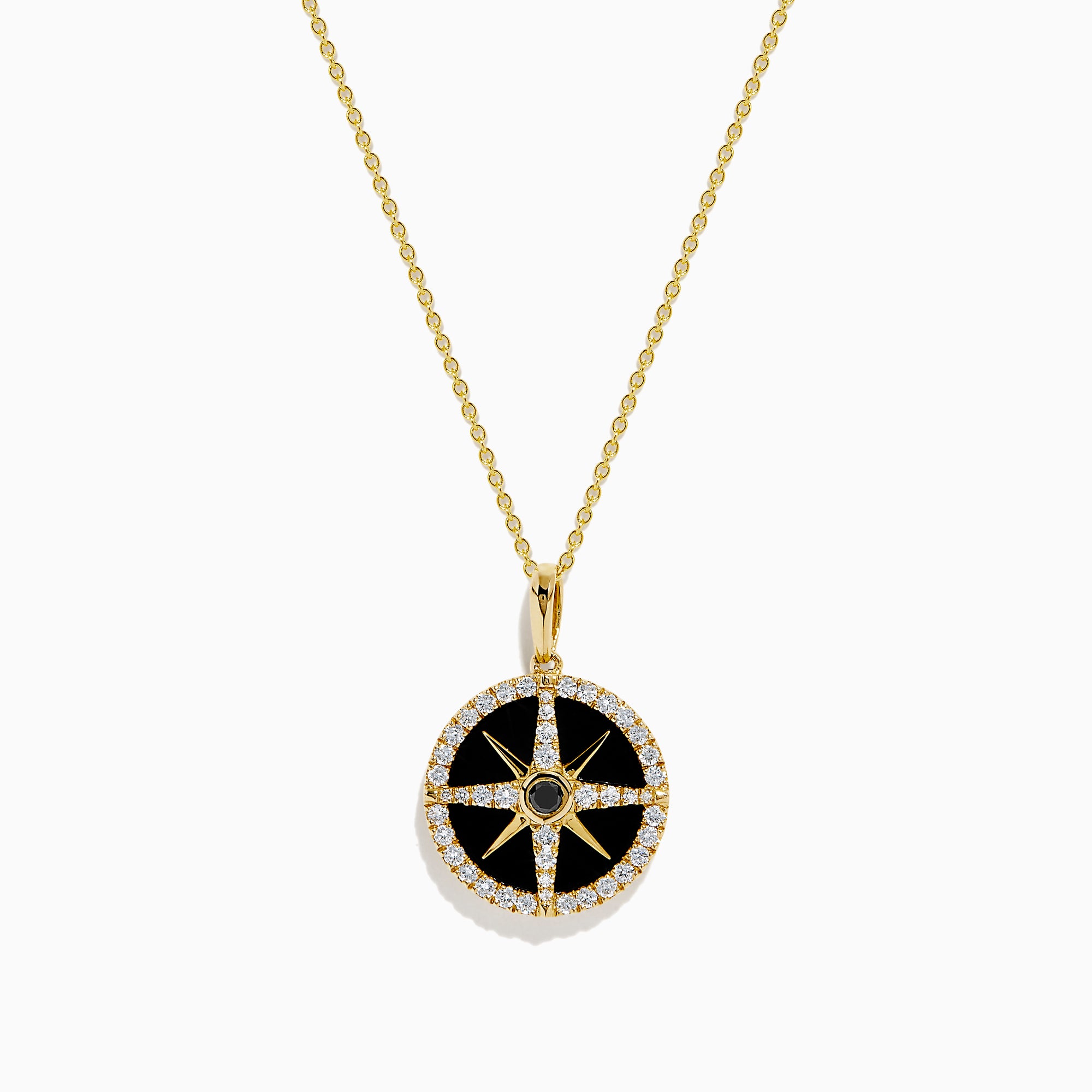 The Novelty 14K Yellow Gold Black Onyx, White and Black Diamond Compass Pendant features a gold chain and round compass design with sparkling stones, shown against a plain white background.
