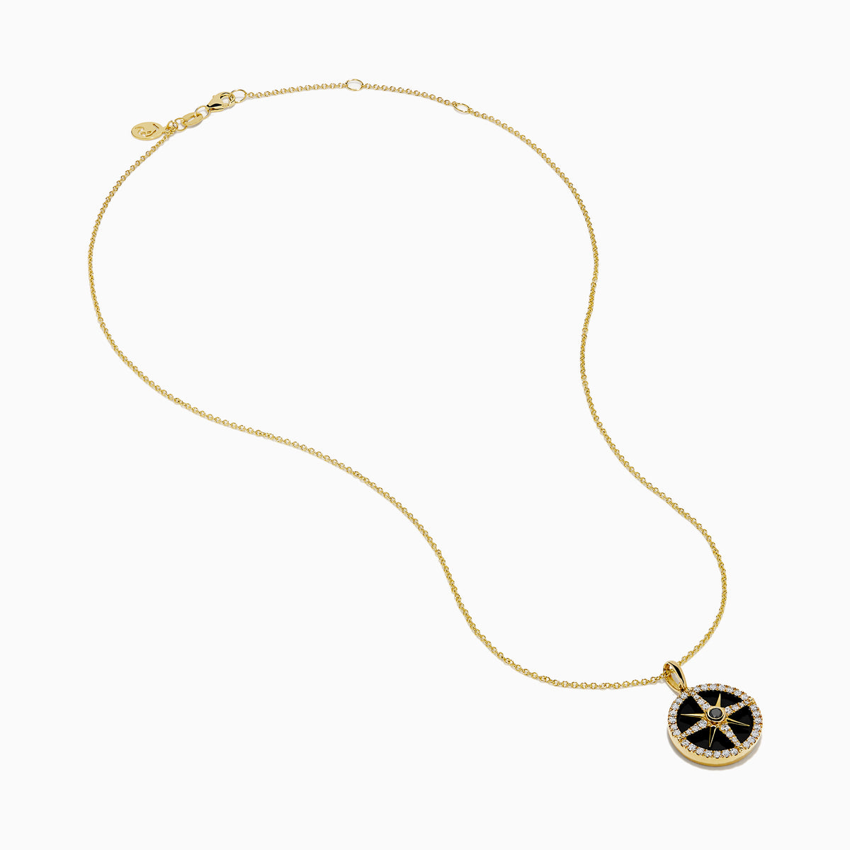 The Novelty 14K Yellow Gold Black Onyx, White and Black Diamond Compass Pendant features a gold chain and round compass design with sparkling stones, shown against a plain white background.