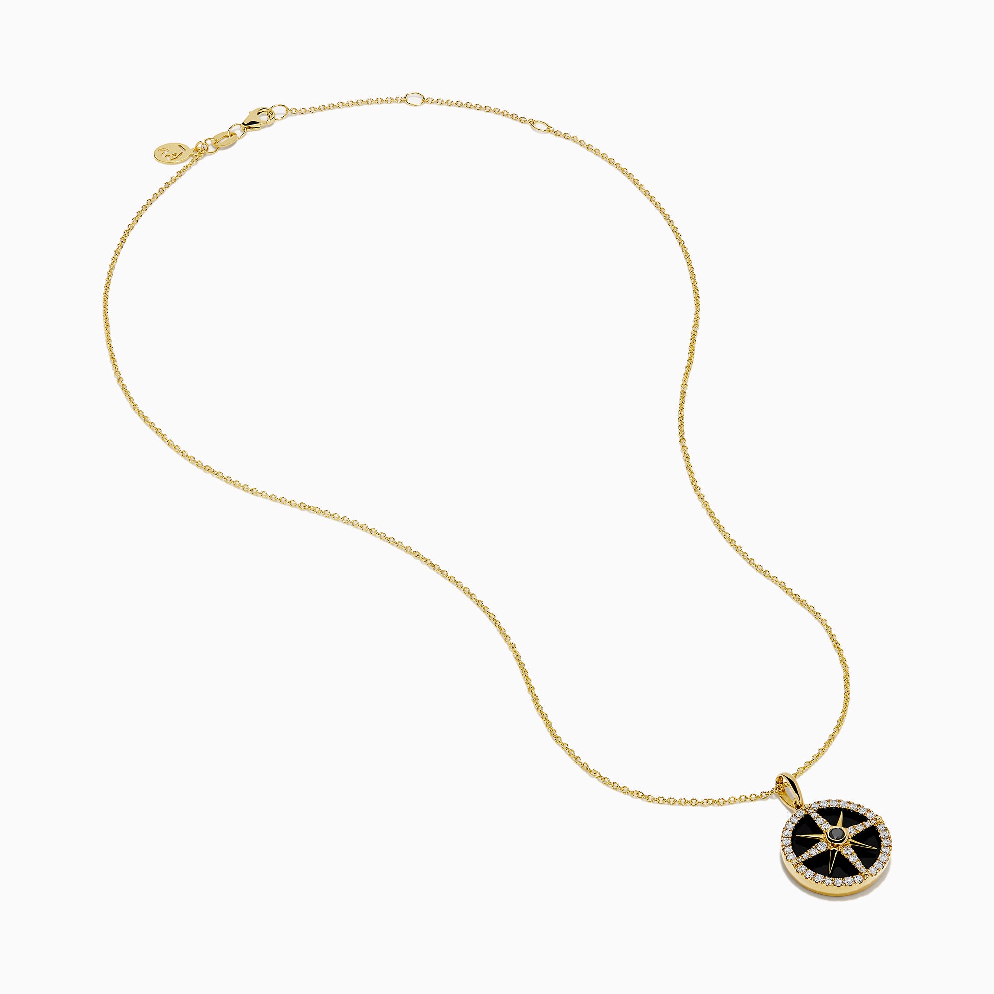 The Novelty 14K Yellow Gold Black Onyx, White and Black Diamond Compass Pendant features a gold chain and round compass design with sparkling stones, shown against a plain white background.