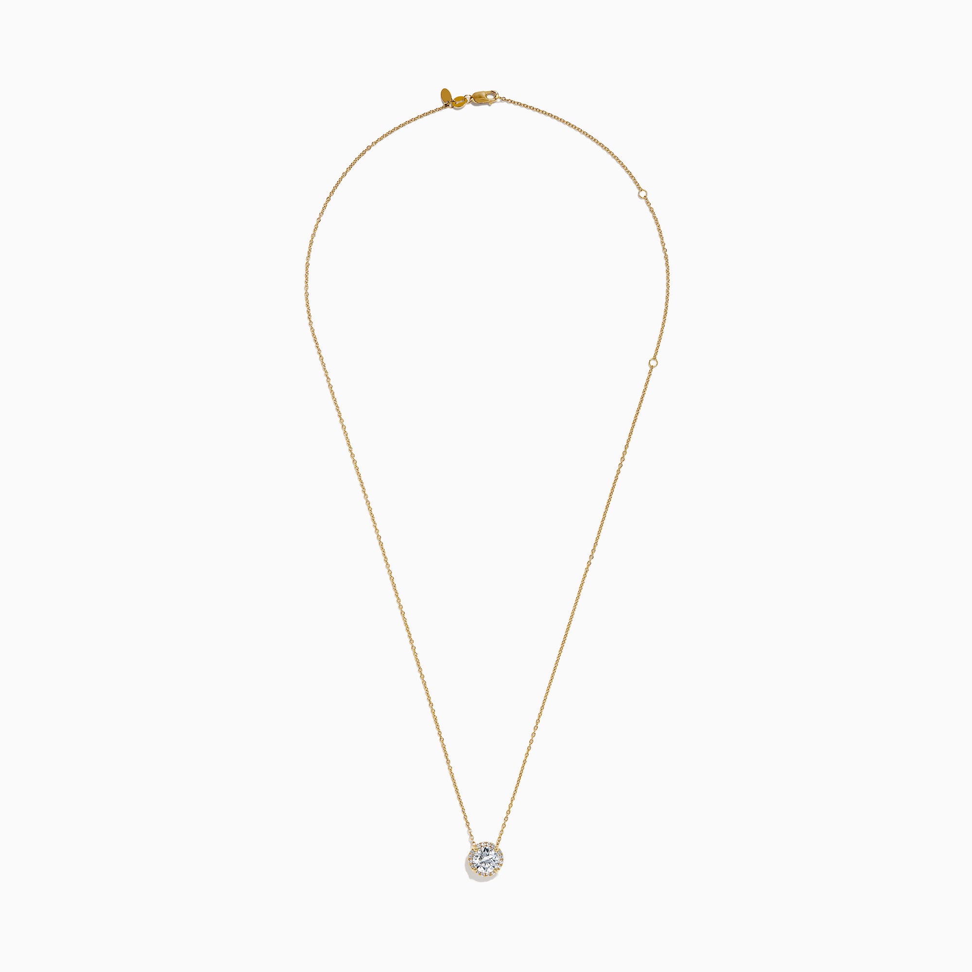 The Star Lab Grown Diamond Halo Pendant in 18K Yellow Gold features a round brilliant lab diamond surrounded by smaller diamonds on a gold chain, displayed against a plain white background.