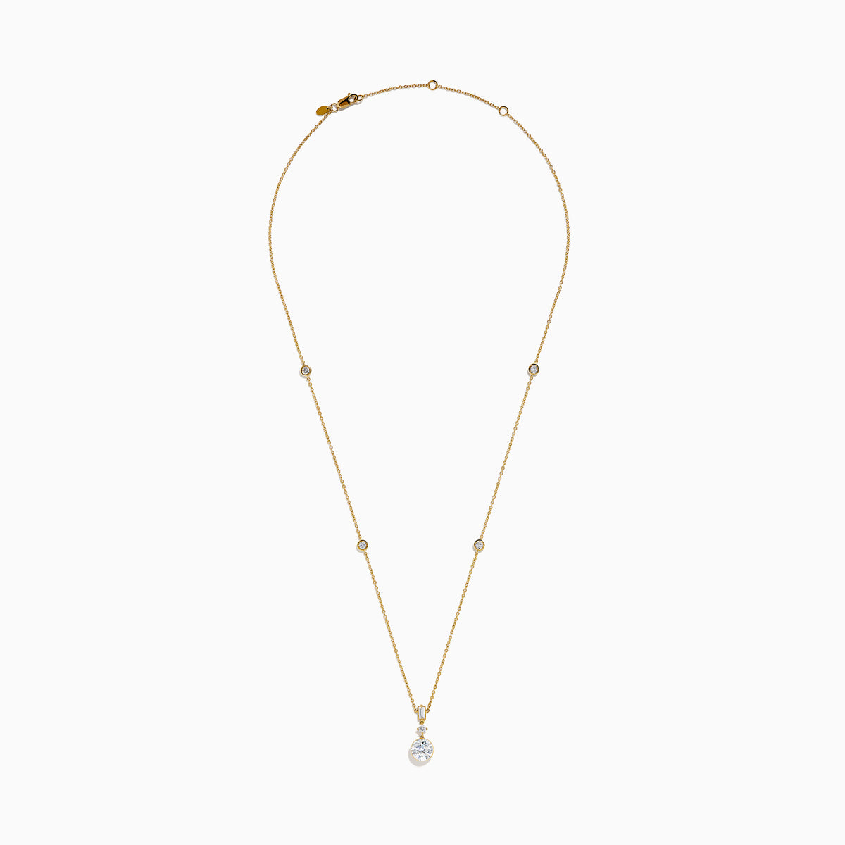 The Star Lab Grown Diamond Classic Station Necklace in 18K yellow gold features a vertical baguette-cut stone, a small round diamond, and a larger round brilliant-cut gemstone pendant.