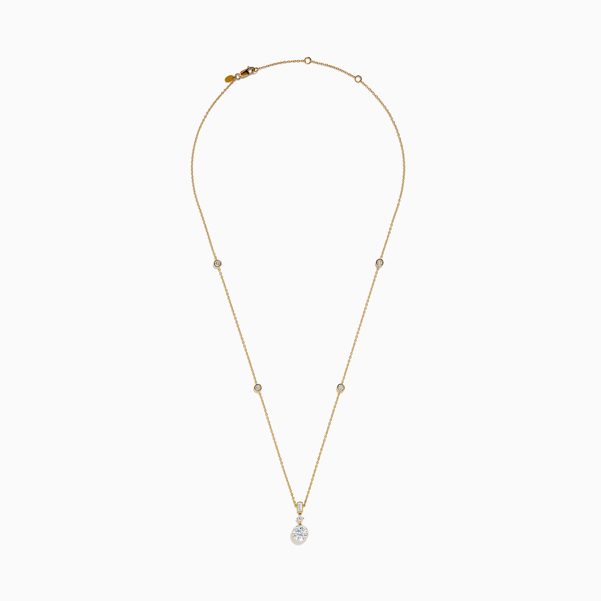 The Star Lab Grown Diamond Classic Station Necklace in 18K yellow gold features a vertical baguette-cut stone, a small round diamond, and a larger round brilliant-cut gemstone pendant.