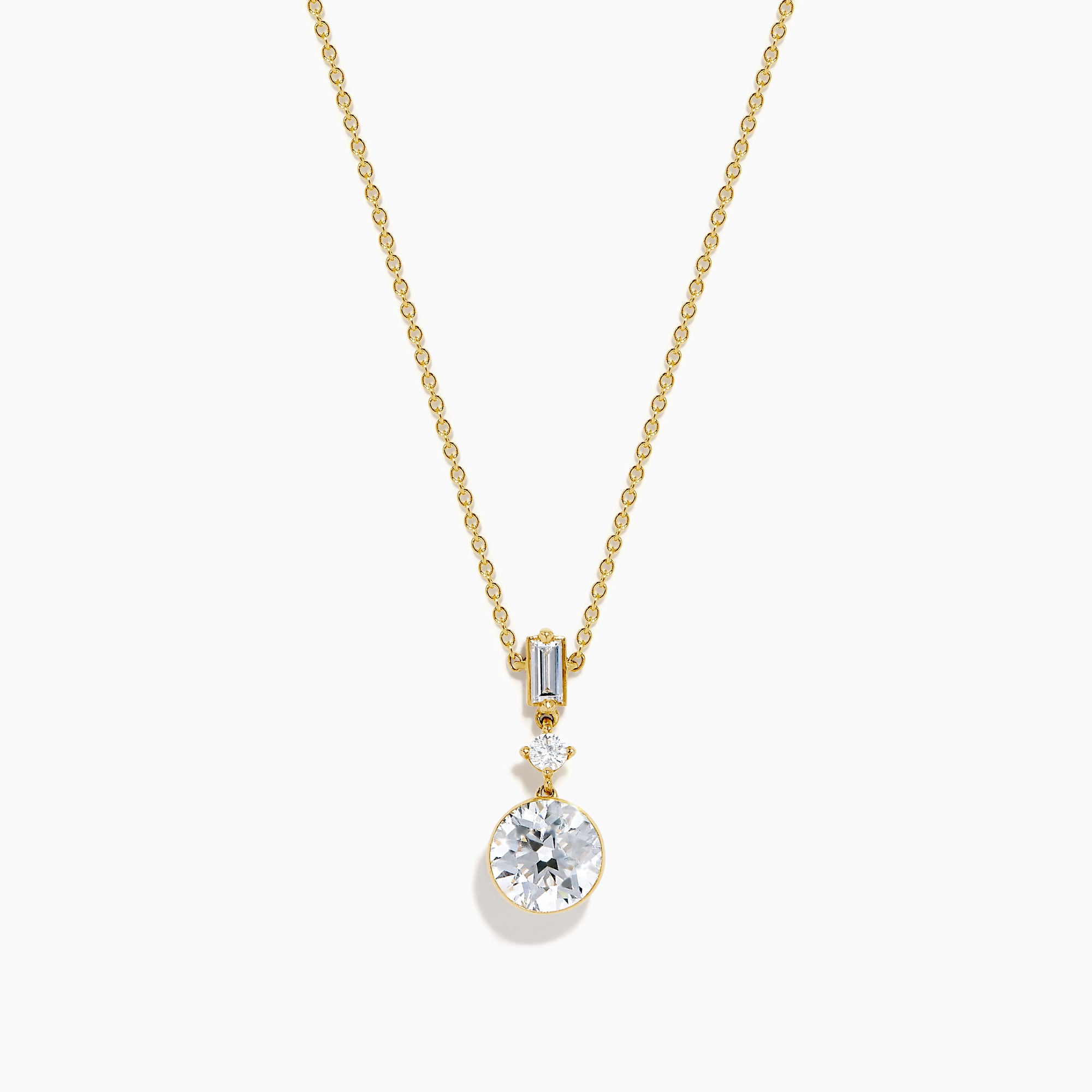 The Star Lab Grown Diamond Classic Station Necklace in 18K yellow gold features a vertical baguette-cut stone, a small round diamond, and a larger round brilliant-cut gemstone pendant.