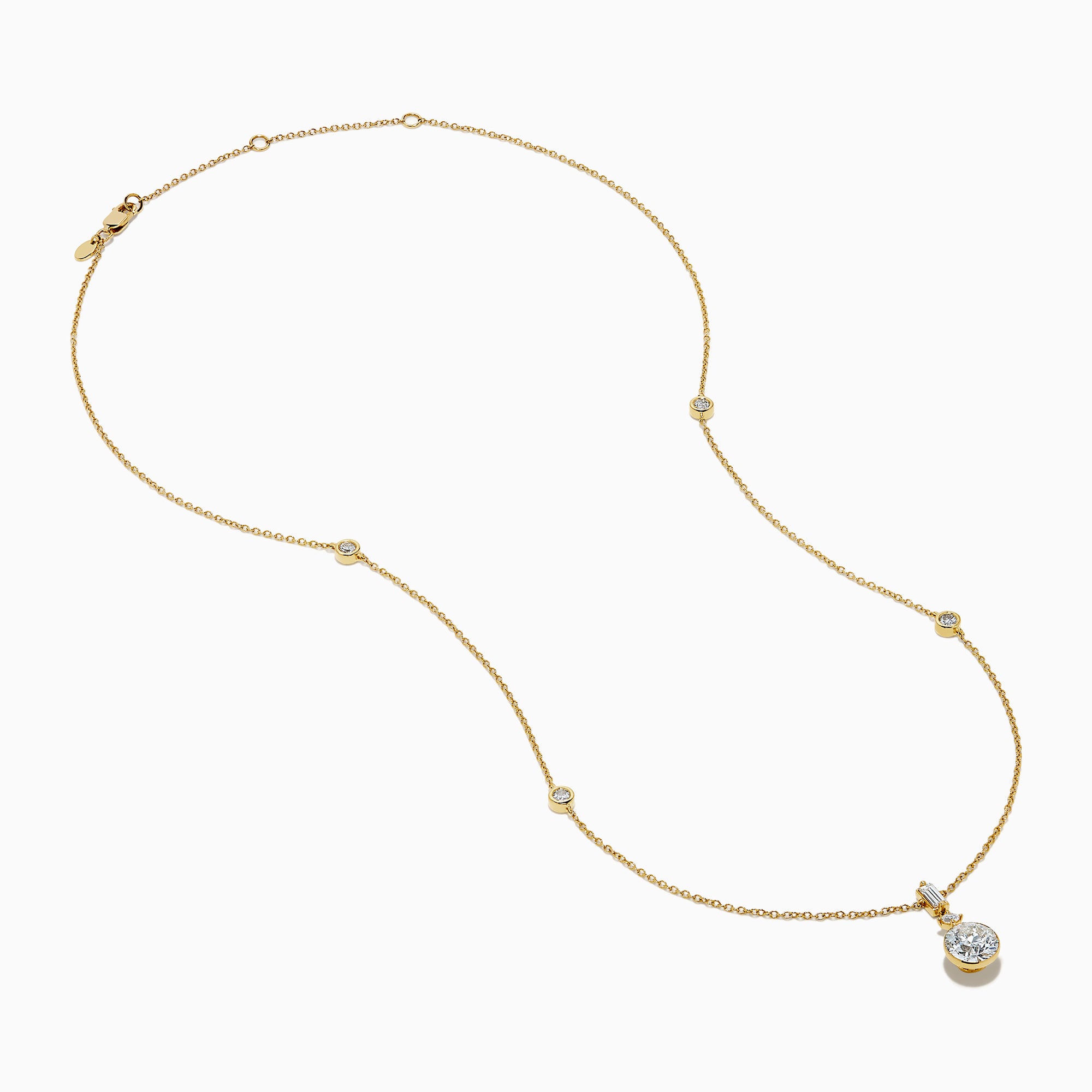 The Star Lab Grown Diamond Classic Station Necklace in 18K yellow gold features a vertical baguette-cut stone, a small round diamond, and a larger round brilliant-cut gemstone pendant.
