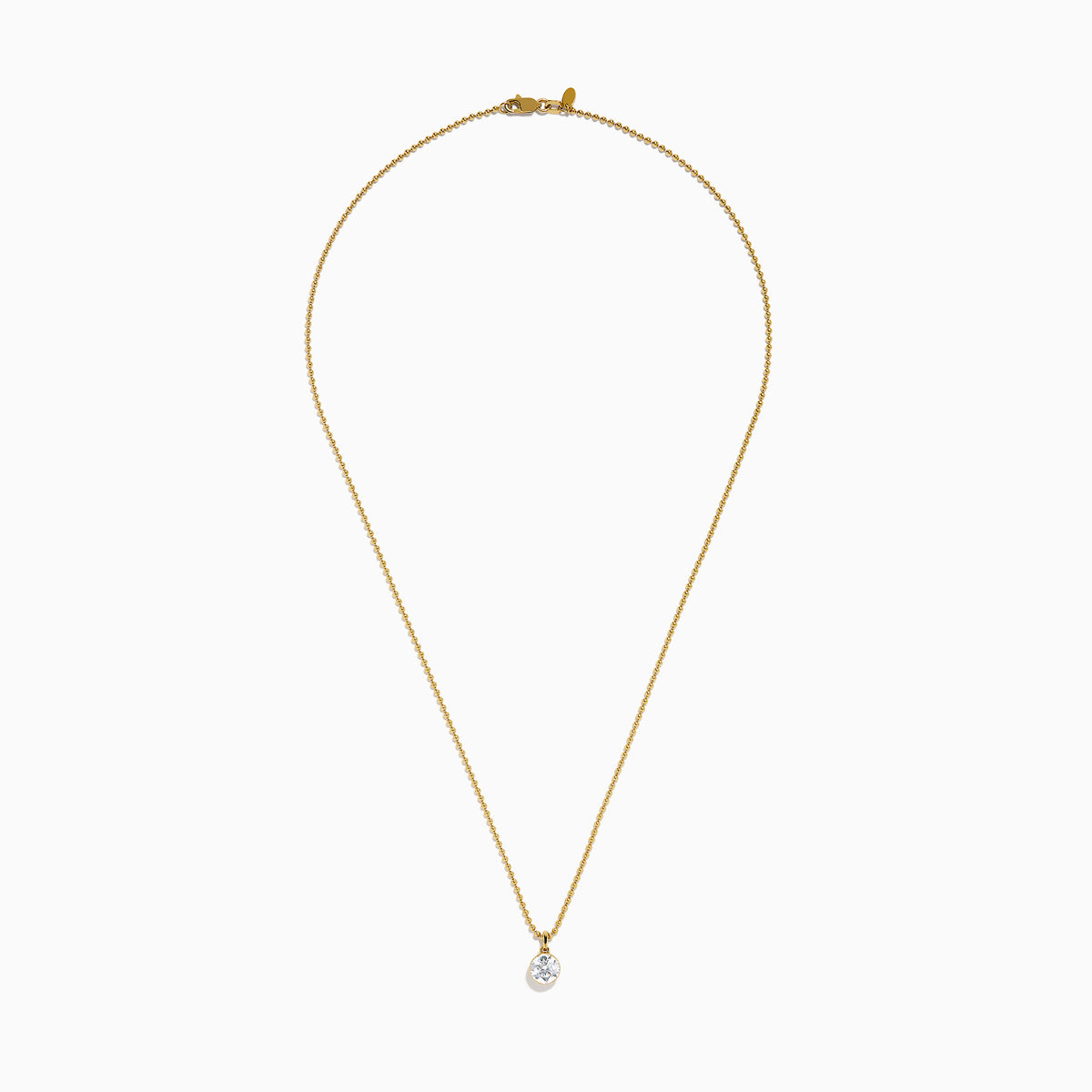 The Star Lab Grown Diamond Solitaire Beaded Pendant in 18K Yellow Gold features a delicate beaded chain and a round diamond solitaire, beautifully displayed on a white background.