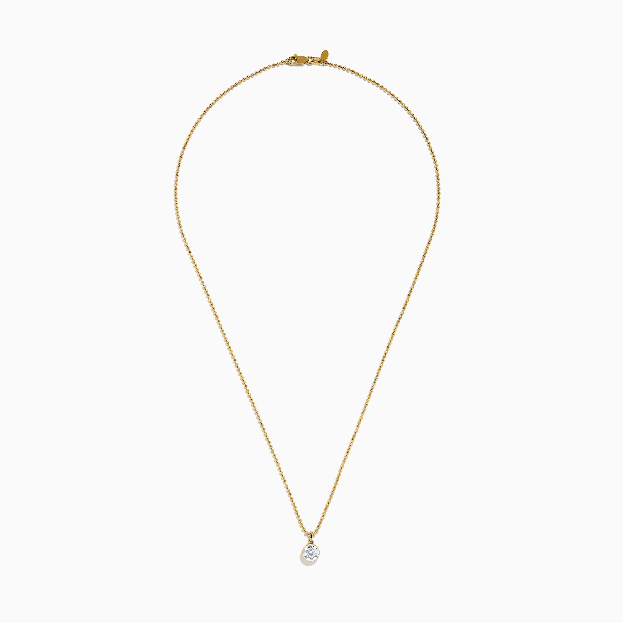 The Star Lab Grown Diamond Solitaire Beaded Pendant in 18K Yellow Gold features a delicate beaded chain and a round diamond solitaire, beautifully displayed on a white background.