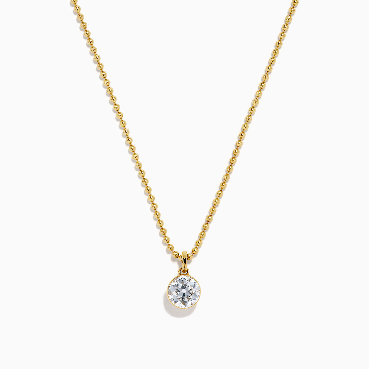 The Star Lab Grown Diamond Solitaire Beaded Pendant in 18K Yellow Gold features a delicate beaded chain and a round diamond solitaire, beautifully displayed on a white background.