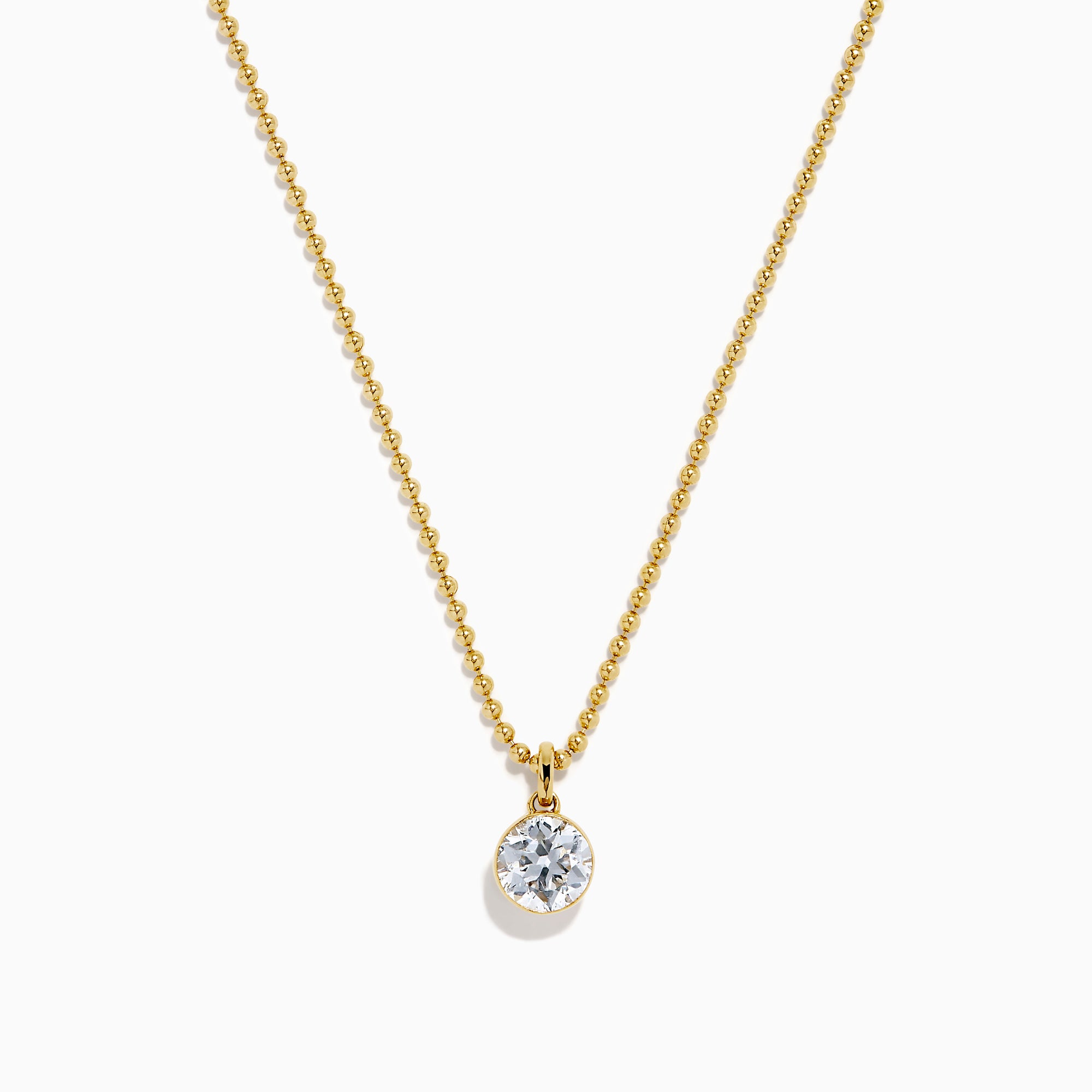 The Star Lab Grown Diamond Solitaire Beaded Pendant in 18K Yellow Gold features a delicate beaded chain and a round diamond solitaire, beautifully displayed on a white background.