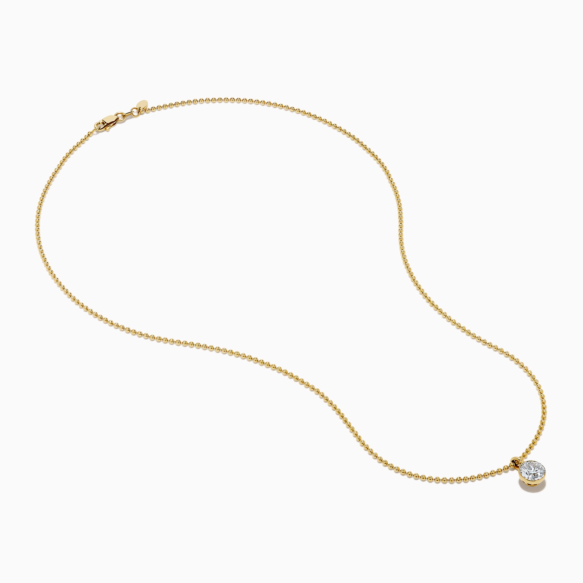 The Star Lab Grown Diamond Solitaire Beaded Pendant in 18K Yellow Gold features a delicate beaded chain and a round diamond solitaire, beautifully displayed on a white background.