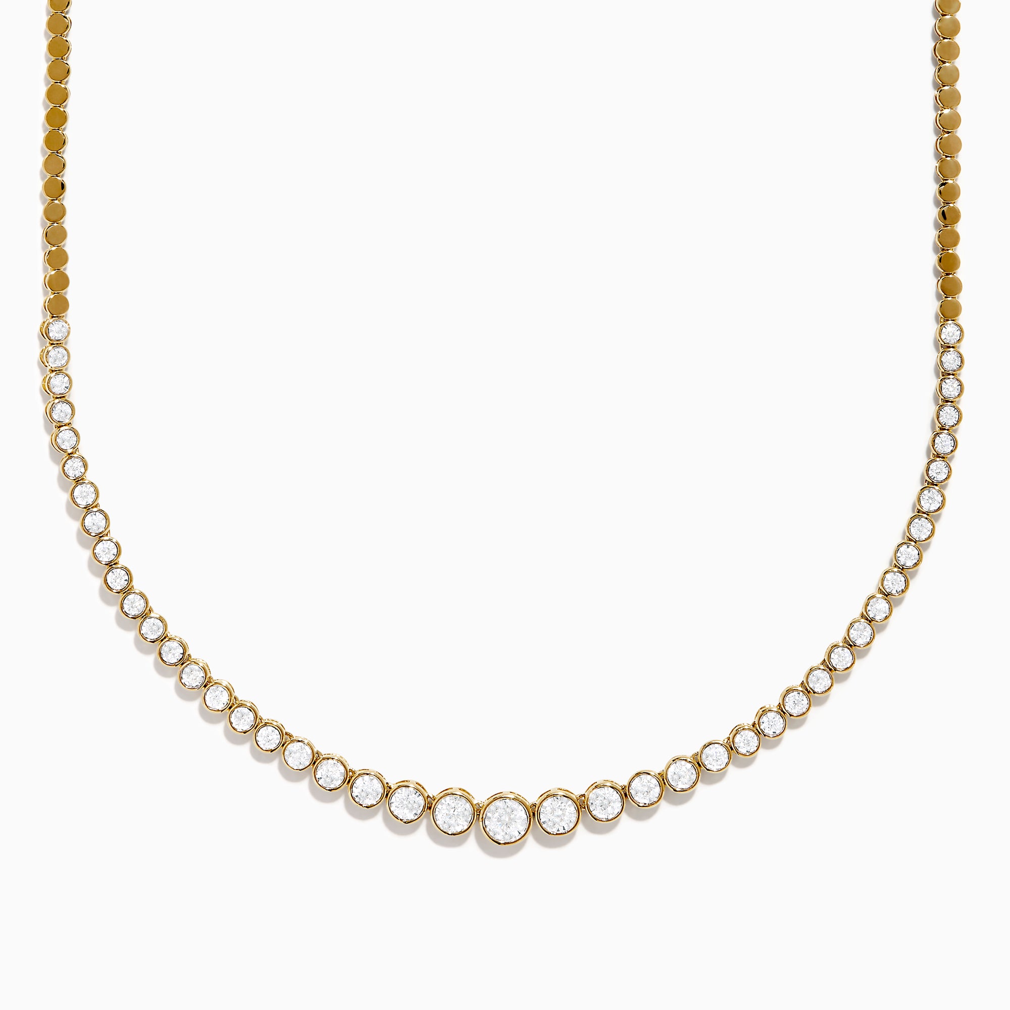 The 14K Yellow Gold Graduated Diamond Tennis Necklace showcases round diamonds set closely together, featuring larger center stones that gradually taper to smaller ones at the ends.