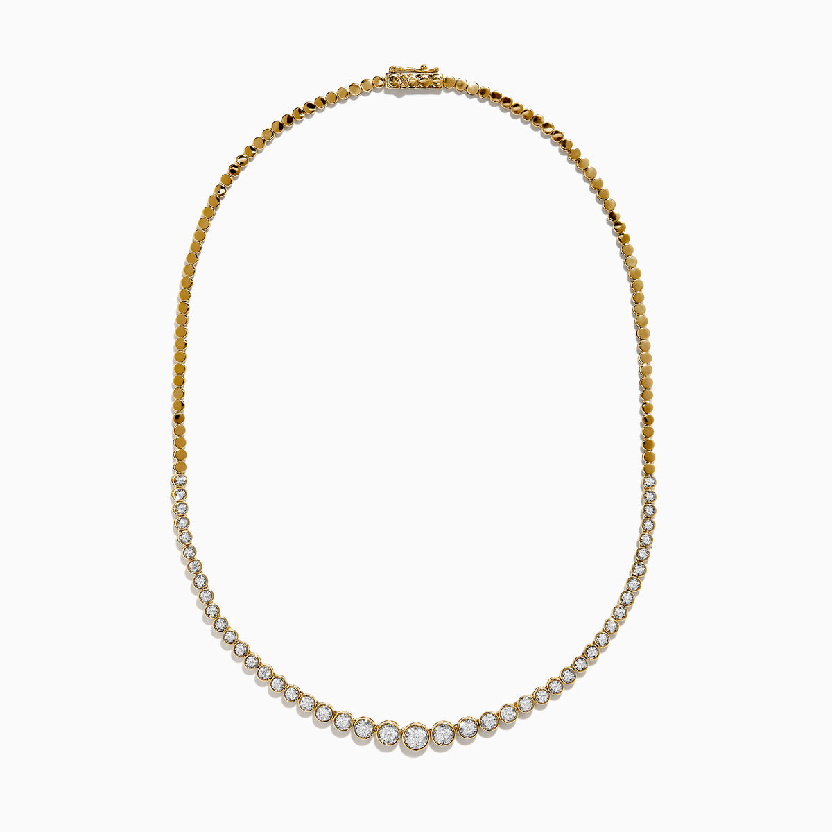 The 14K Yellow Gold Graduated Diamond Tennis Necklace showcases round diamonds set closely together, featuring larger center stones that gradually taper to smaller ones at the ends.