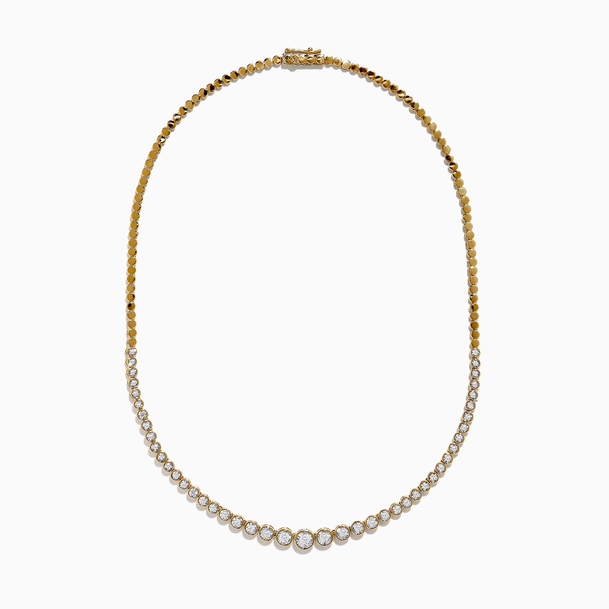 The 14K Yellow Gold Graduated Diamond Tennis Necklace showcases round diamonds set closely together, featuring larger center stones that gradually taper to smaller ones at the ends.