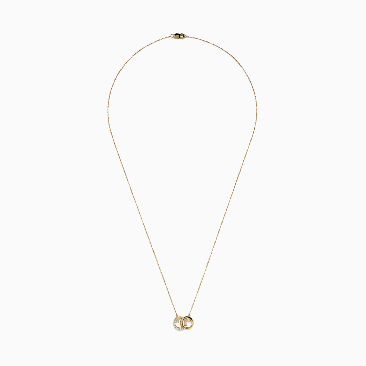 14K Yellow Gold Diamond Accented Interlocking Hearts Necklace featuring two entwined hearts—one with sparkling diamonds, the other polished smooth—shown on a plain white background.