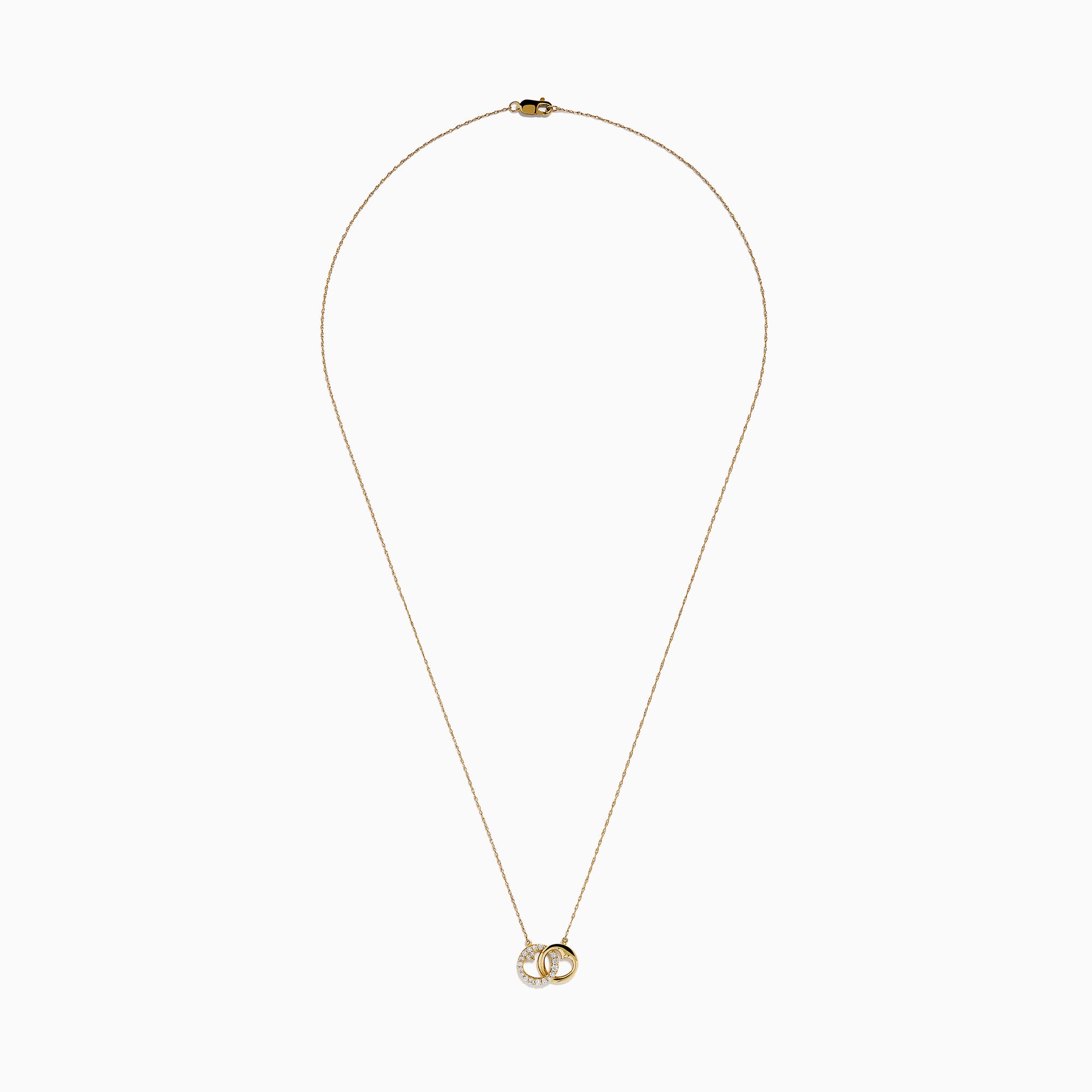 14K Yellow Gold Diamond Accented Interlocking Hearts Necklace featuring two entwined hearts—one with sparkling diamonds, the other polished smooth—shown on a plain white background.