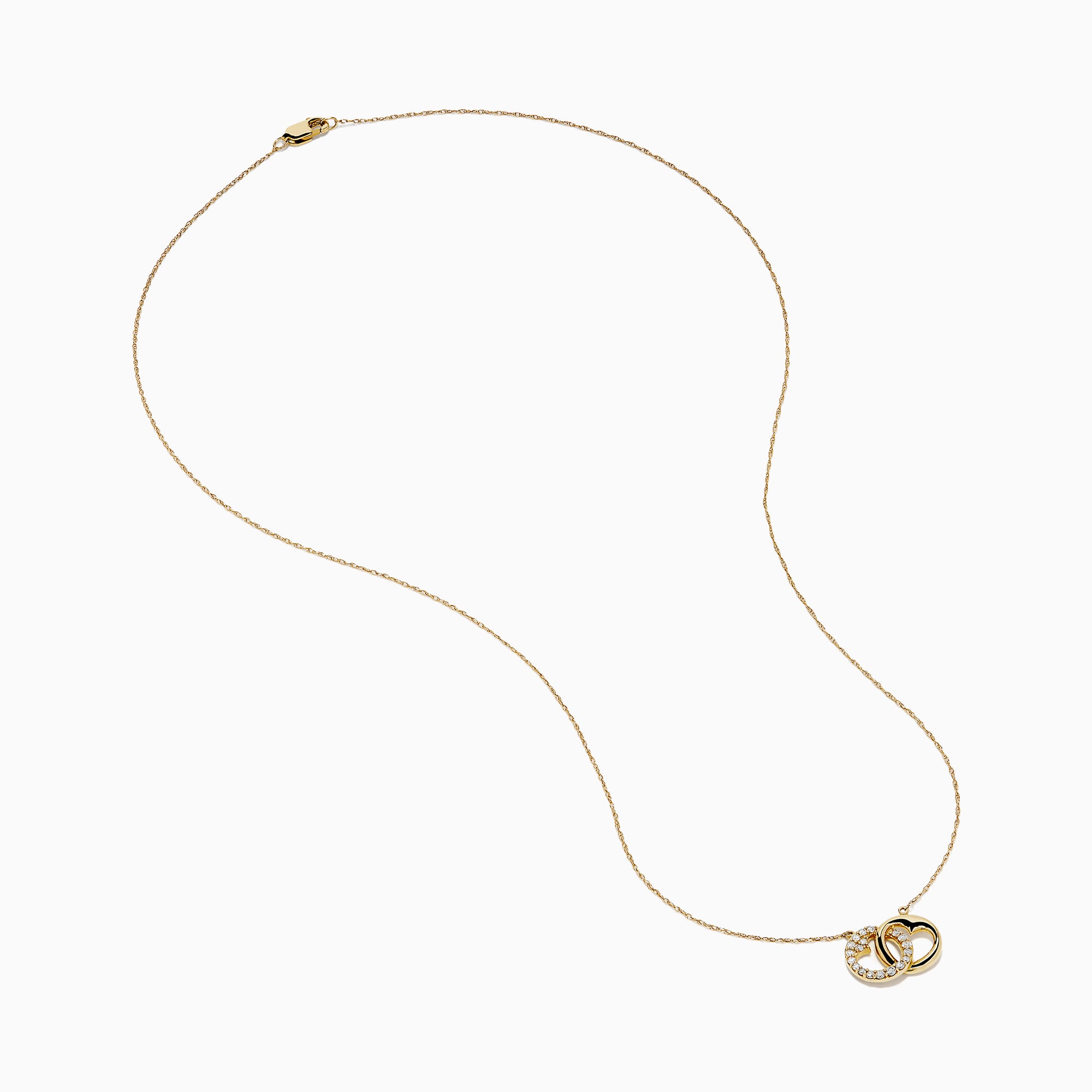 14K Yellow Gold Diamond Accented Interlocking Hearts Necklace featuring two entwined hearts—one with sparkling diamonds, the other polished smooth—shown on a plain white background.