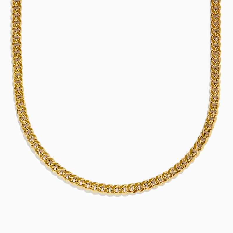 The Mens 14K Yellow Gold Hollow Cuban Chain Necklace - 22 features a flat, twisted link design and is displayed on a plain white background in a wide U shape, with the ends extending out of frame.