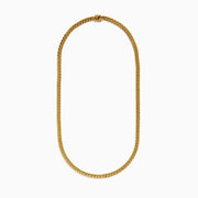 The Mens 14K Yellow Gold Hollow Cuban Chain Necklace - 22 features a flat, twisted link design and is displayed on a plain white background in a wide U shape, with the ends extending out of frame.