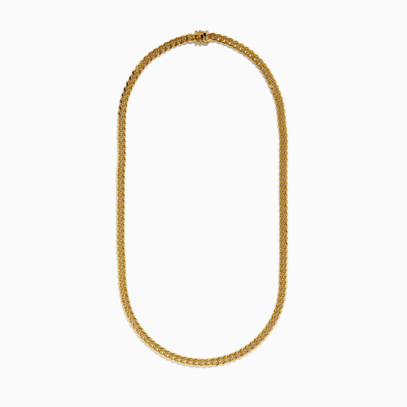 The Mens 14K Yellow Gold Hollow Cuban Chain Necklace - 22 features a flat, twisted link design and is displayed on a plain white background in a wide U shape, with the ends extending out of frame.