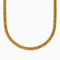 A close-up of the Mens 14K Yellow Gold Hollow Cuban Chain Necklace - 24, featuring flat, tightly linked Cuban design, is displayed in a curved U-shape on a white background.