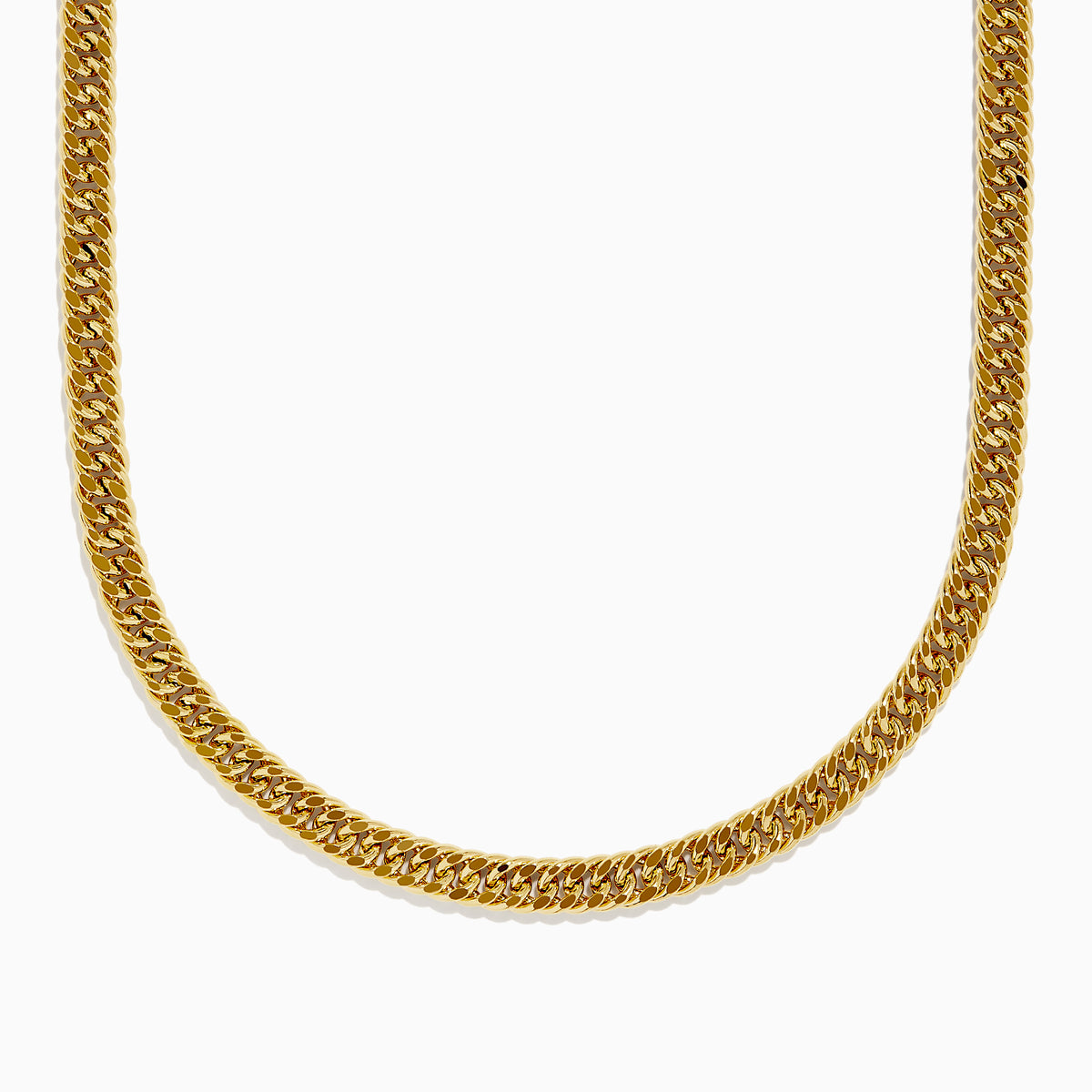 A close-up of the Mens 14K Yellow Gold Hollow Cuban Chain Necklace - 24, featuring flat, tightly linked Cuban design, is displayed in a curved U-shape on a white background.