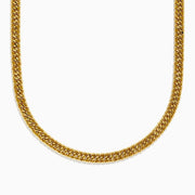 A close-up of the Mens 14K Yellow Gold Hollow Cuban Chain Necklace - 24, featuring flat, tightly linked Cuban design, is displayed in a curved U-shape on a white background.