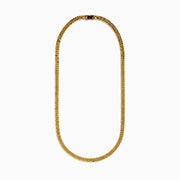 A close-up of the Mens 14K Yellow Gold Hollow Cuban Chain Necklace - 24, featuring flat, tightly linked Cuban design, is displayed in a curved U-shape on a white background.