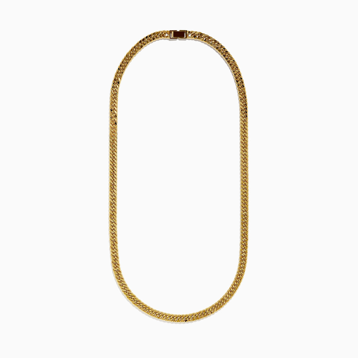 A close-up of the Mens 14K Yellow Gold Hollow Cuban Chain Necklace - 24, featuring flat, tightly linked Cuban design, is displayed in a curved U-shape on a white background.