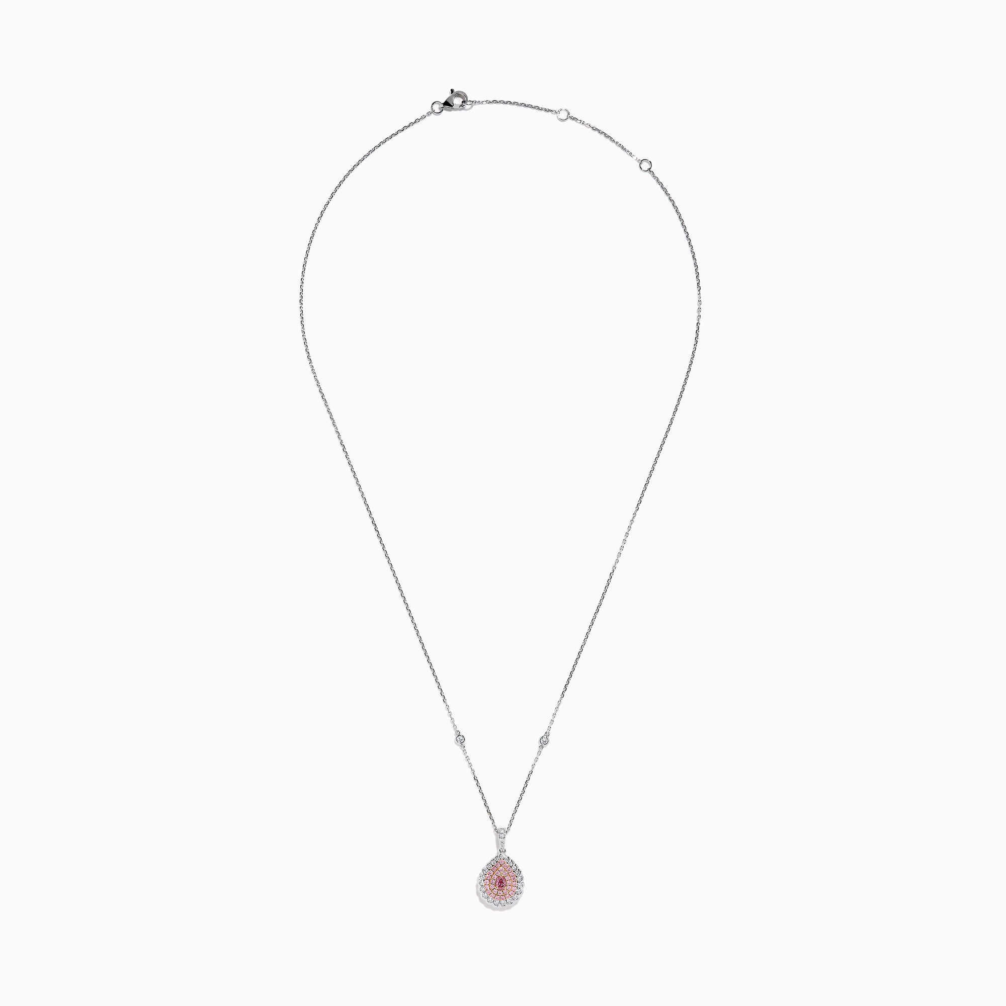 The 18K Two-Tone Gold Pink and White Diamond Pendant showcases a teardrop design with concentric pink and white diamonds, hanging from a chain elegantly accented with small round gems.