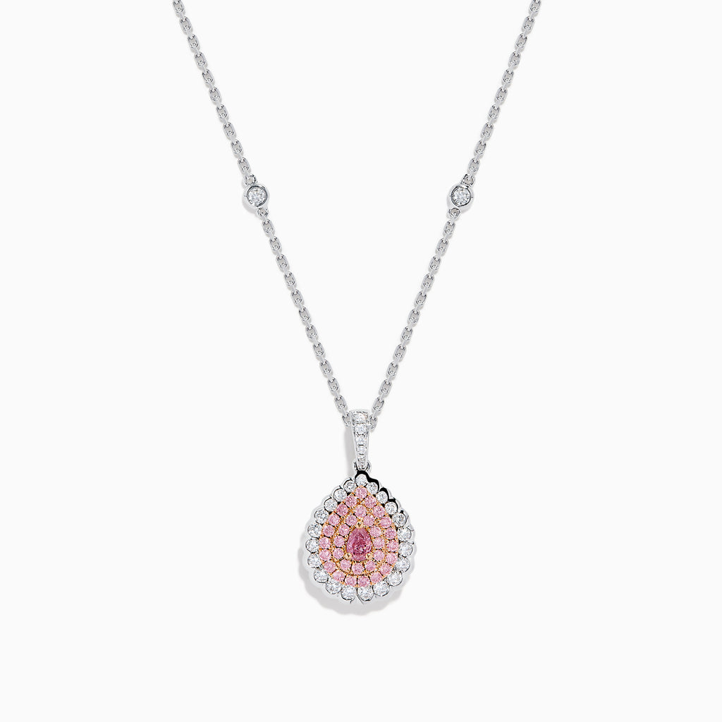 The 18K Two-Tone Gold Pink and White Diamond Pendant showcases a teardrop design with concentric pink and white diamonds, hanging from a chain elegantly accented with small round gems.
