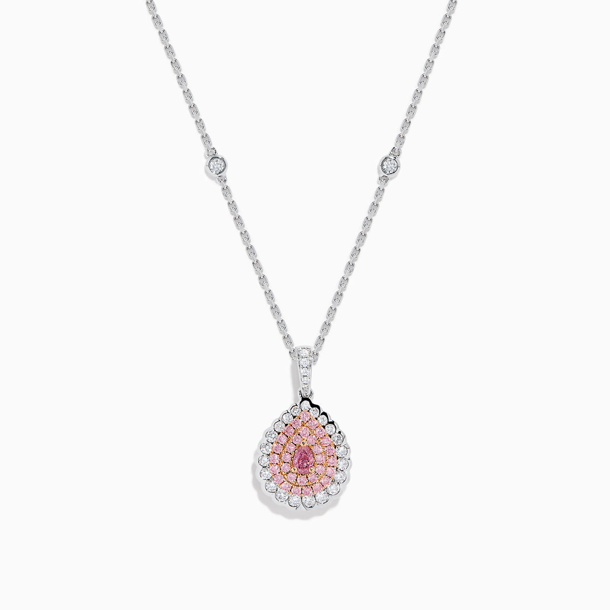 The 18K Two-Tone Gold Pink and White Diamond Pendant showcases a teardrop design with concentric pink and white diamonds, hanging from a chain elegantly accented with small round gems.