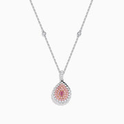 The 18K Two-Tone Gold Pink and White Diamond Pendant showcases a teardrop design with concentric pink and white diamonds, hanging from a chain elegantly accented with small round gems.
