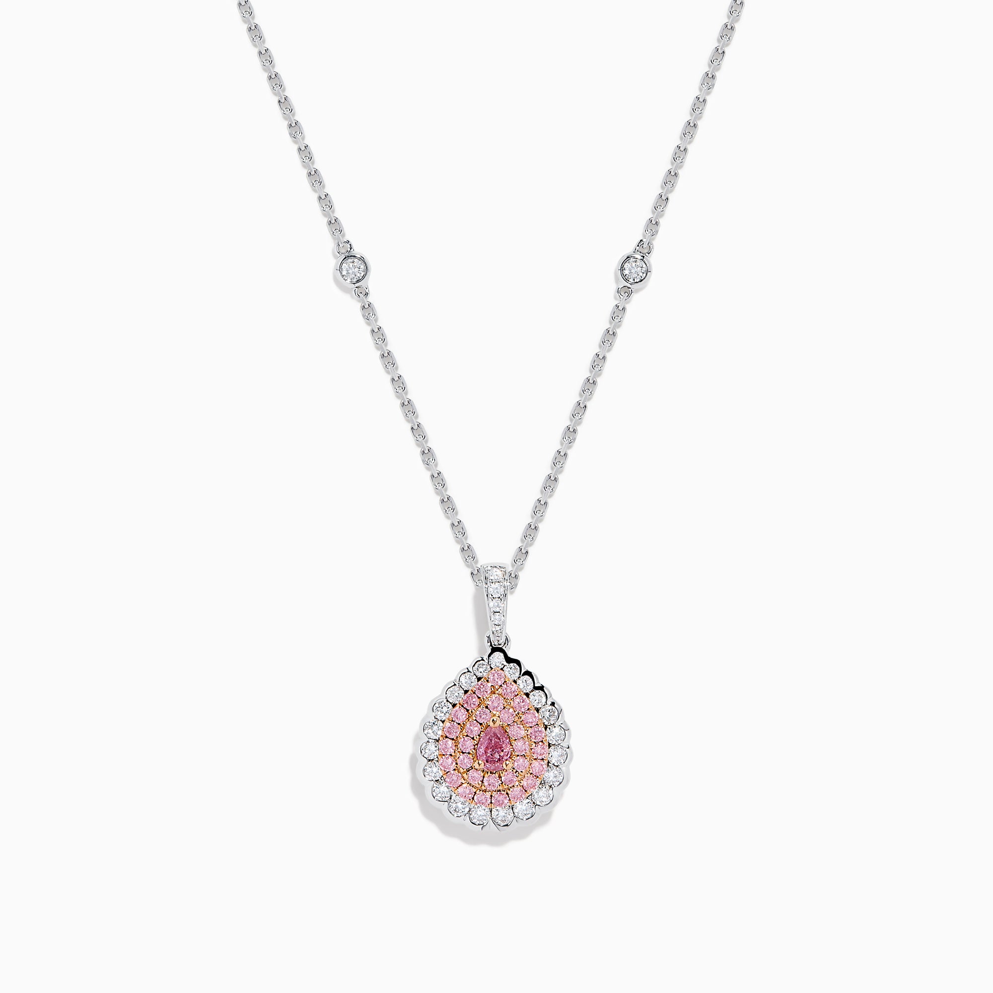 The 18K Two-Tone Gold Pink and White Diamond Pendant showcases a teardrop design with concentric pink and white diamonds, hanging from a chain elegantly accented with small round gems.