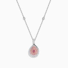 The 18K Two-Tone Gold Pink and White Diamond Pendant showcases a teardrop design with concentric pink and white diamonds, hanging from a chain elegantly accented with small round gems.