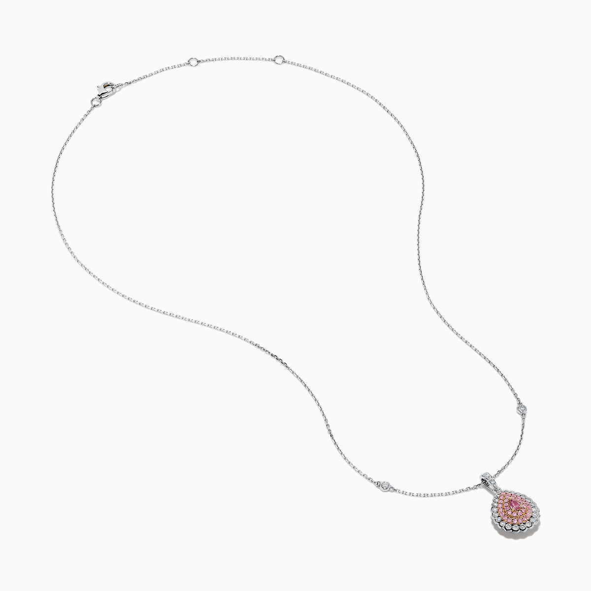 The 18K Two-Tone Gold Pink and White Diamond Pendant showcases a teardrop design with concentric pink and white diamonds, hanging from a chain elegantly accented with small round gems.