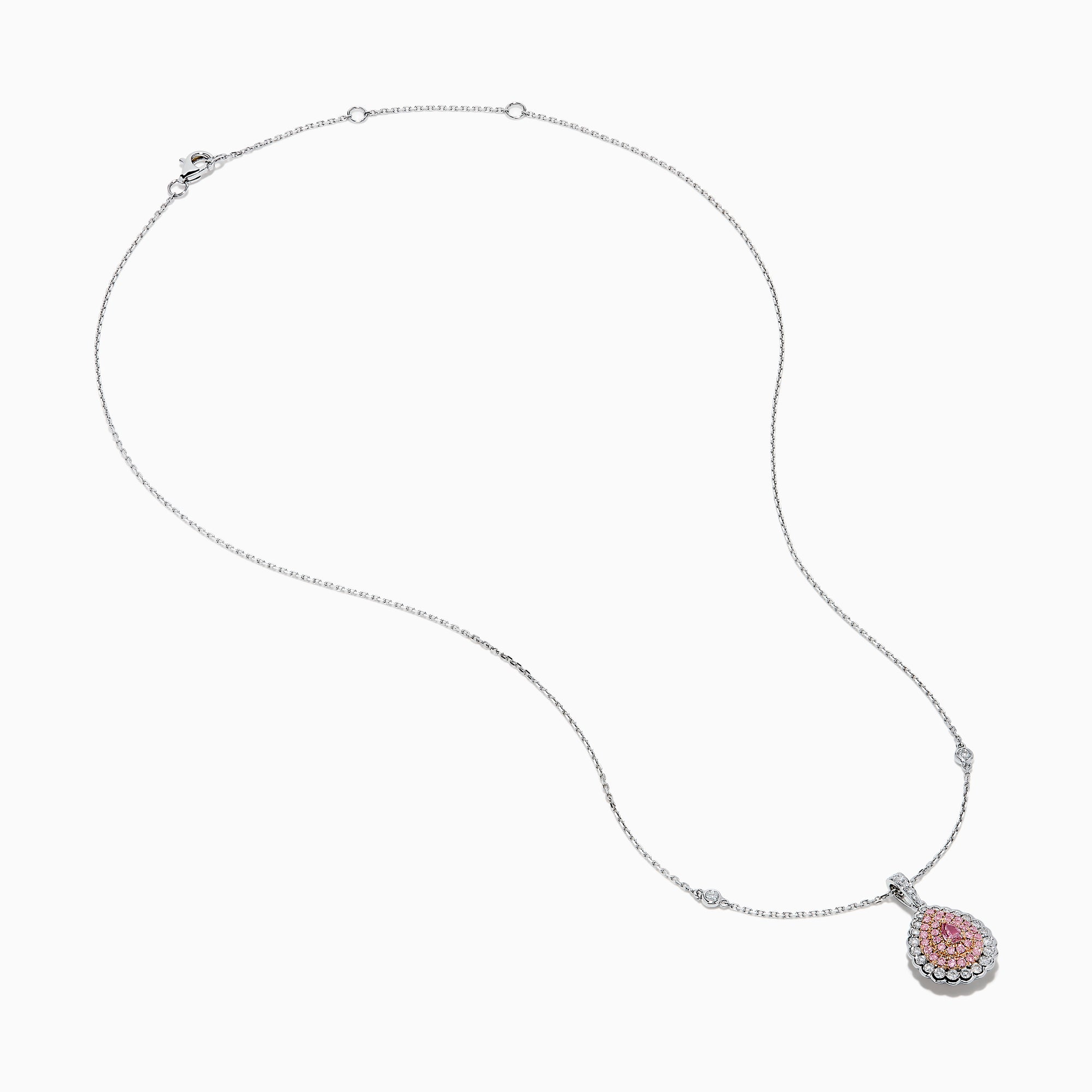 The 18K Two-Tone Gold Pink and White Diamond Pendant showcases a teardrop design with concentric pink and white diamonds, hanging from a chain elegantly accented with small round gems.