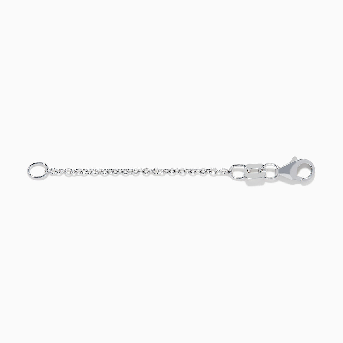 The 14K White Gold 1.2mm 2-Inch Cable Chain Extension features a round jump ring and lobster clasp, elegantly displayed on a white background.