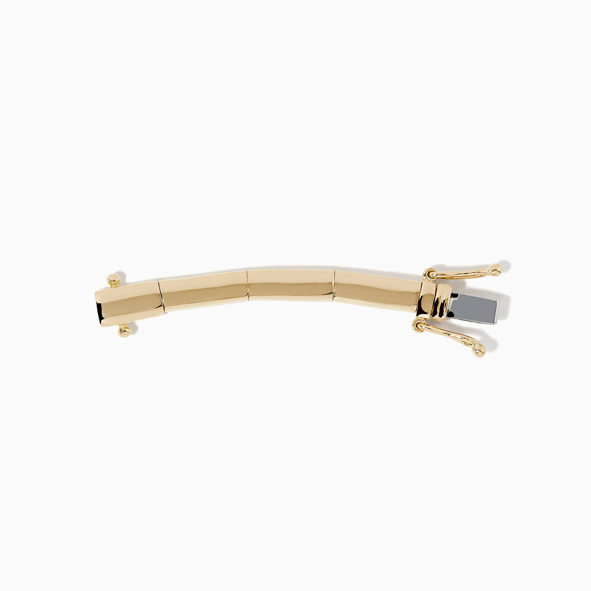 A 14K Yellow Gold 1.5-Inch Collar Necklace Extension, with a sleek curved shape and ornamental clasp, evocative of fine jewelry design, showcased on a white background.