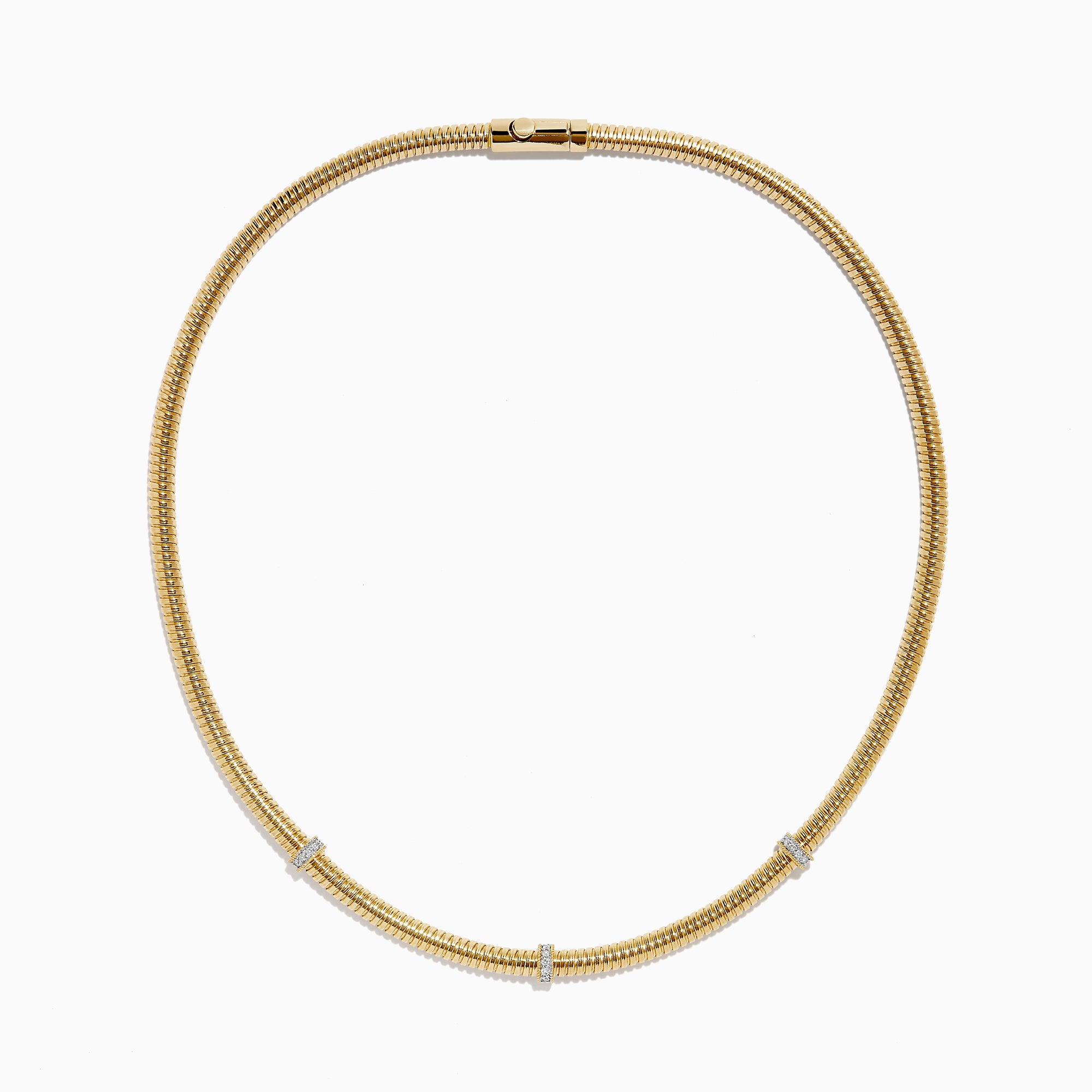 The 14K Yellow Gold Diamond Tubogas Necklace features a ribbed, tubogas texture with three evenly spaced silver bands, shown on a white background.
