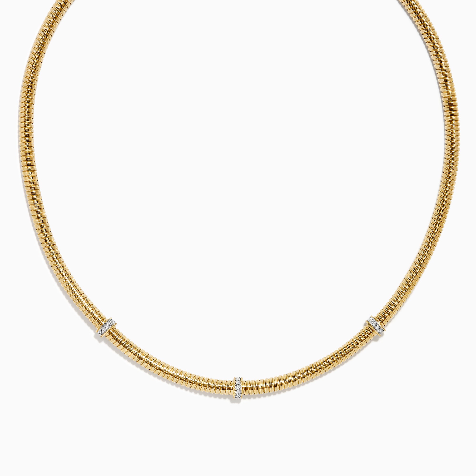 The 14K Yellow Gold Diamond Tubogas Necklace features a ribbed, tubogas texture with three evenly spaced silver bands, shown on a white background.