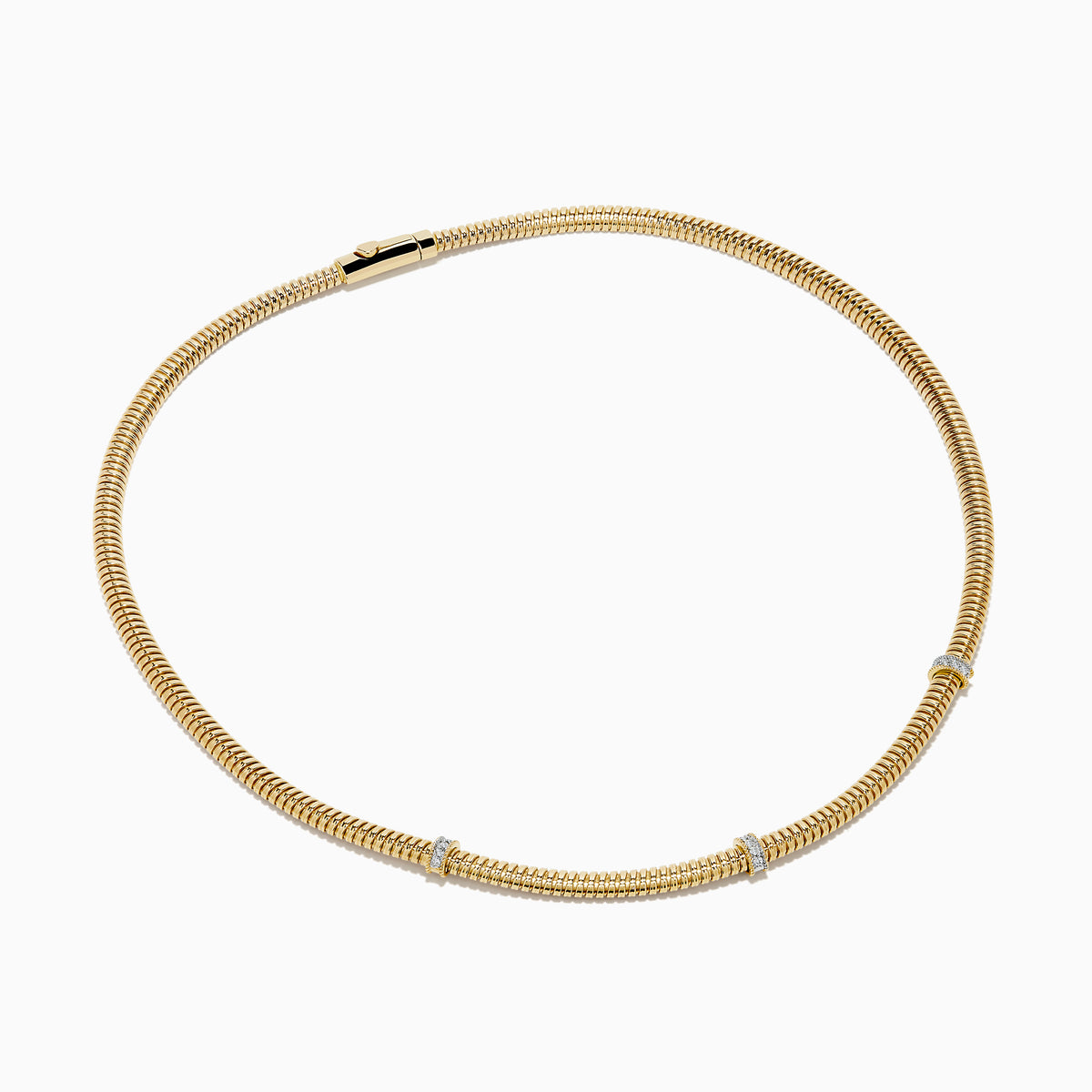 The 14K Yellow Gold Diamond Tubogas Necklace features a ribbed, tubogas texture with three evenly spaced silver bands, shown on a white background.