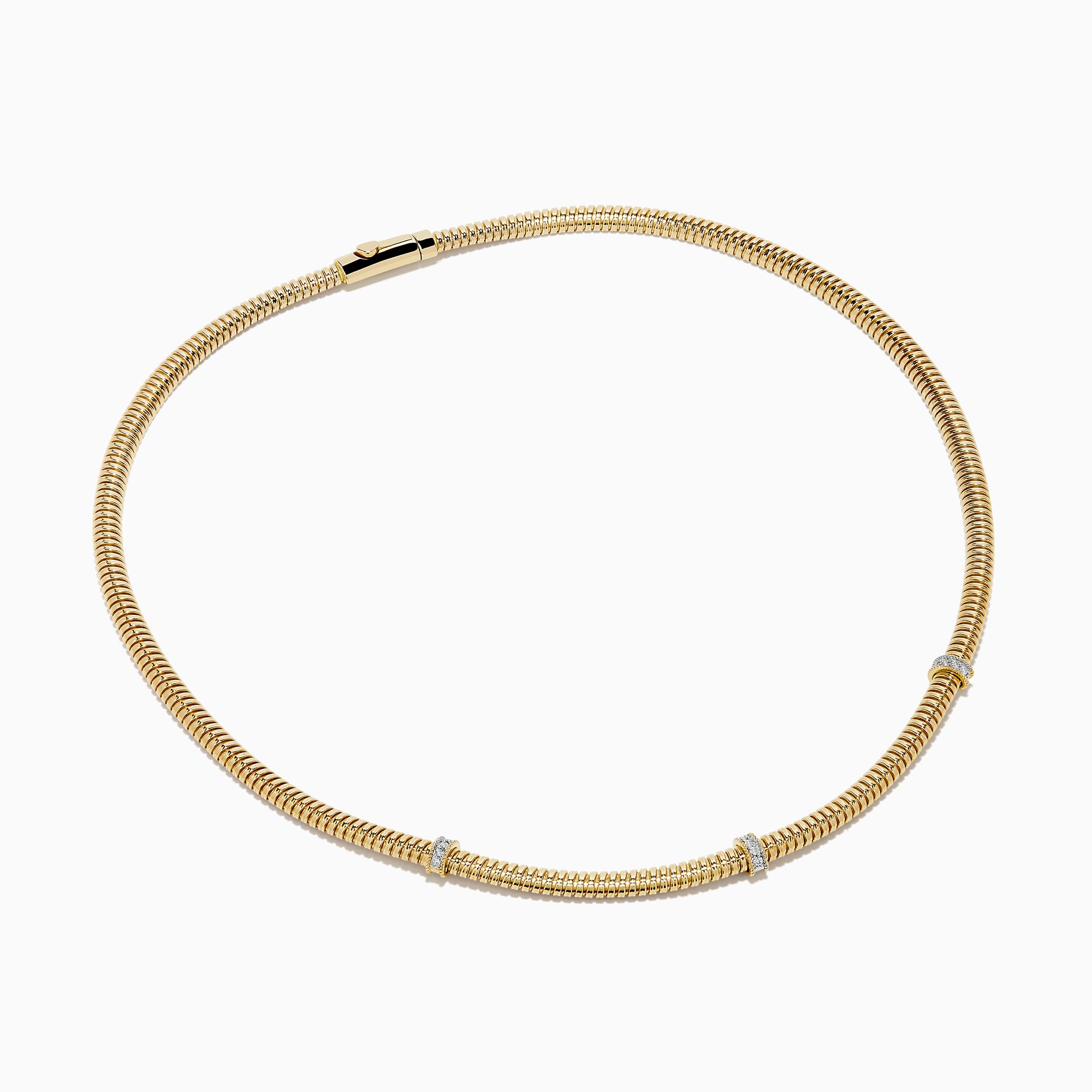 The 14K Yellow Gold Diamond Tubogas Necklace features a ribbed, tubogas texture with three evenly spaced silver bands, shown on a white background.