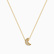 The 925 Gold Plated Sterling Silver Diamond Crescent Moon Pendant features a delicate gold chain and a crescent moon adorned with sparkling diamonds, shown against a plain white background.